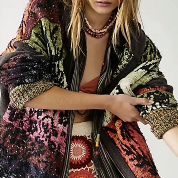 Free People Golden Hour Cardi Jacket Hooded Mixed Knit Piecing Black OrangeGreen - Picture 2 of 7